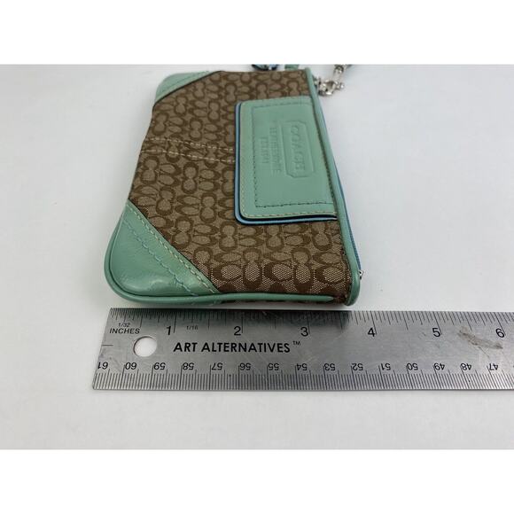 VTG Coach Wristlet Wallet Monogram Brown Canvas Teal Patent Leather Classic - Picture 9 of 9